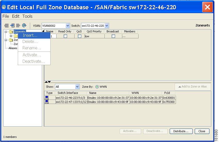 Chapter 6 Creating Zone Sets To create zone sets, follow these steps: Step 1 Step 2 Step 3 Click Zone > Edit Local Full Zone Database from the Zone menu or right-click a VSAN folder in the Logical