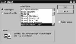 3. Under Object type, select Microsoft Graph 97 Chart as shown above. You may have to scroll down in order to find it. 4. Once you have Microsoft Graph 97 Chart highlighted, click OK. 5.