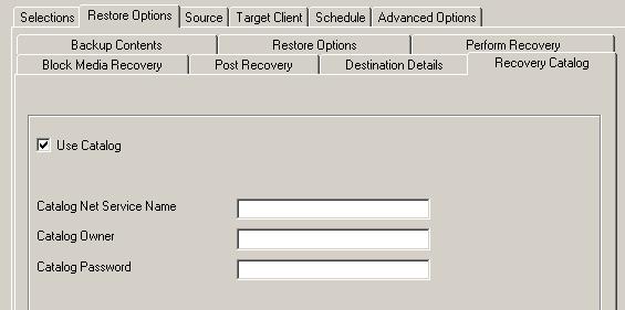 104 Chapter 6 Restore Figure 6-22: The Recovery Catalog tab 6.5.2.h Use Catalog - Select this option to use the RMAN repository in the Recovery Catalog and store information about this restore operation in a Recovery Catalog.