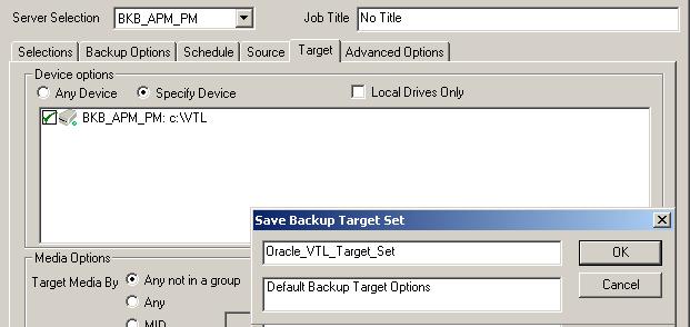 36 Chapter 4 Configuration Figure 4-1: Specify a user defined name for the Backup Target Set after selecting the desired device where Control File Autobackups will be stored.