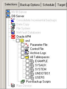 58 Chapter 5 Backup Figure 5-1: The Oracle APM node opened to display items available for inclusion in a User Managed backup job Account Name - Specify an Oracle database user with SYSDBA privileges.