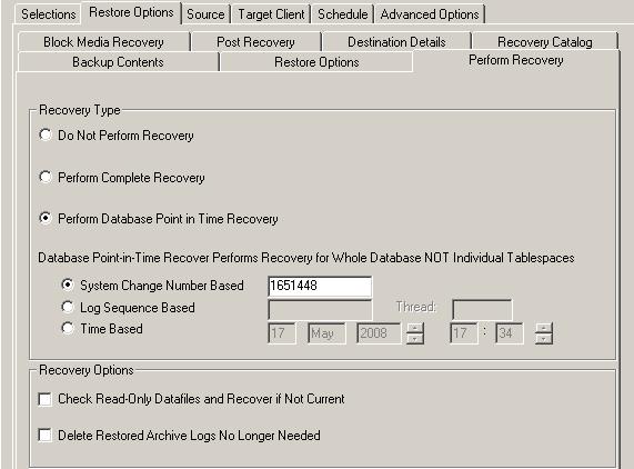 99 Figure 6-18: The Point-in- Time Recovery Option with the Perform Database Point in Time Recovery option selected Perform Complete Recovery - Click on this option to recover an individual
