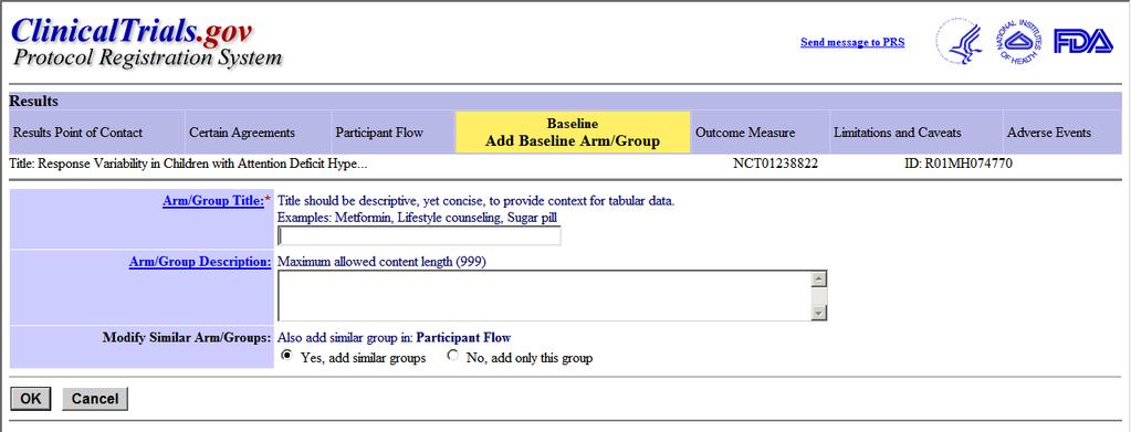 This is the destination when the Add Arm/Group link from p. 13 is selected. Minimum length for Title is 4 characters.