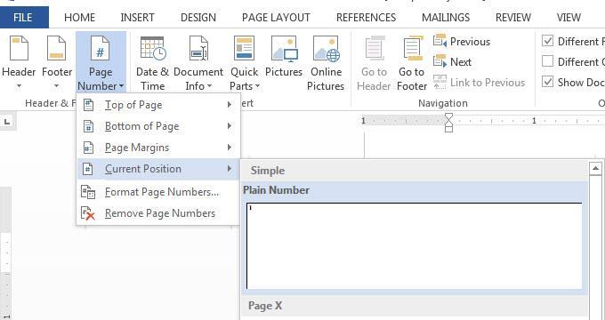 Page Numbers To add page numbers, tab over to the right, and at your one-inch margin, click on Page Number, Current Position, and select Plain Number.