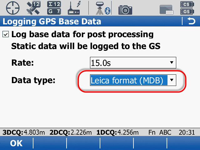 In the Logging GPS Base Data screen select the box next to Log data for post-processing and the options will be viewable.