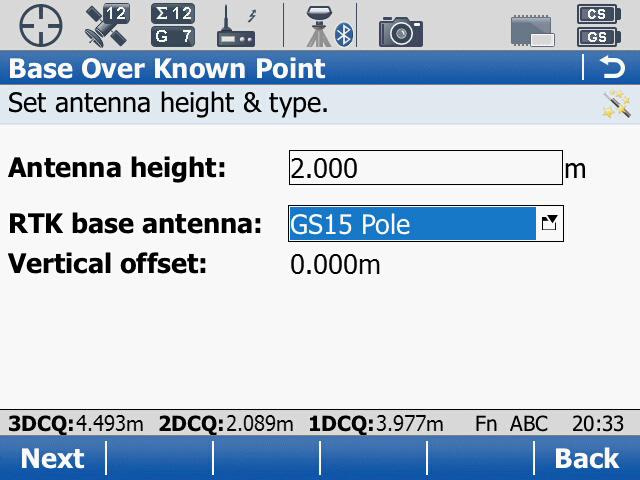 You can now enter the Antenna Height, and RTK base antenna definition and then select F1 (Next)