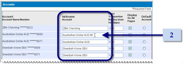 2. In the Accounts table, select the Display On All Pages checkbox for the account. 3. Click Submit.