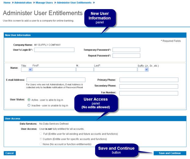 Figure 11: Administer User Entitlements Page (from copied profile) The main difference between this page and the Create Users page is that you can enter information only in the New User Information