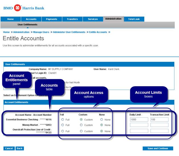 Figure 15: Entitle Accounts Page Account Entitlements Panel Each account is listed in the table on the Account Entitlements panel.