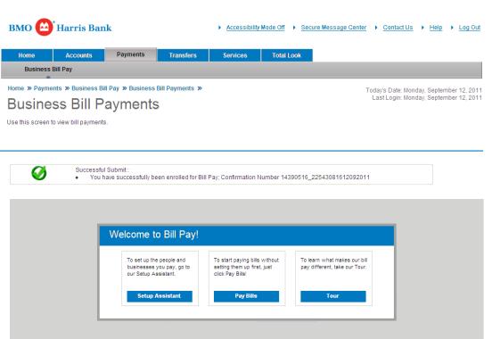 . To unenroll your company from BMO Harris Business Bill Pay: 1. Go to the Business Bill Pay Profile page.