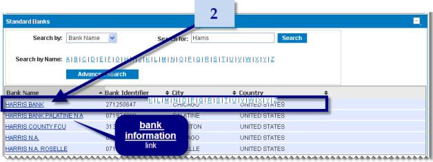 On the banks list, click the name of the bank (bank information link). (You can search for the bank using the search pane or by browsing bank list pages.