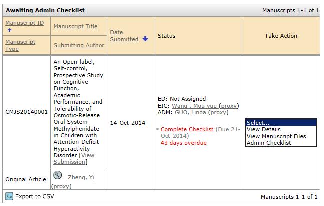 Clarivate Analytics ScholarOne Manuscripts Administrator User Guide Page 26 5. Select an action from the Take Action drop-down list to access the Manuscript Details.