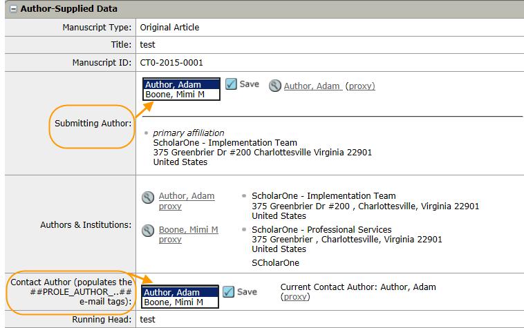 Clarivate Analytics ScholarOne Manuscripts Administrator User Guide Page 42 Editing Author-Supplied Data 1. Locate the Author-Supplied Data section.