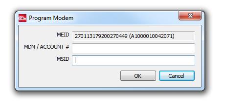 7. From the main menu, select Options > Program Modem. 8. Enter your MDN/ Account # and MSID into the matching fields on the Program Modem window and select OK.
