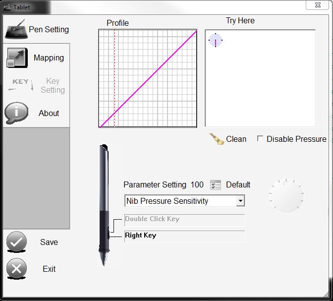 26. Click the Pen Setting button. On this screen you can set and test the pen pressure sensitivity, and set the behavior of the side button. 27.