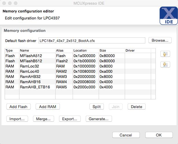 Figure 14.7. Memory configuration editor Known blocks of memory, with their type, base location, and size are displayed. Entries can be created, deleted, etc by using the provided buttons.