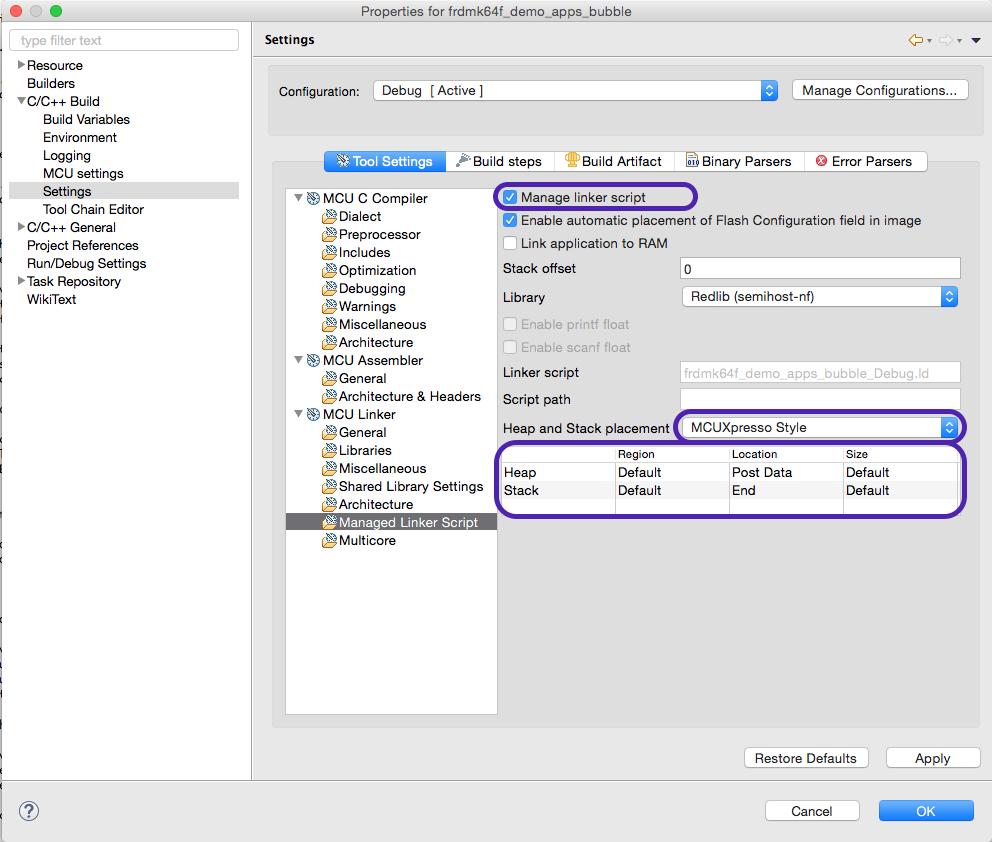 Figure 14.10. MCUXpresso IDE Linker Settings In the dialogue above, highlights show the managed linker script option along with the selection of the MCUXpresso Style scheme. 14.9.