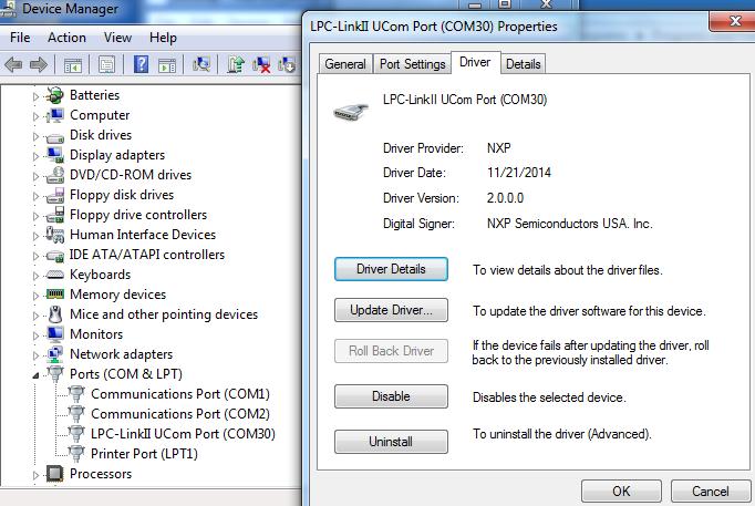 Note that this image shows the current correct version of the driver (2.0.0.0). Removing the obsolete 1.0.0.0 LPC-LinkII UCOM driver To remove the obsolete driver, perform the following actions: 1. 2.
