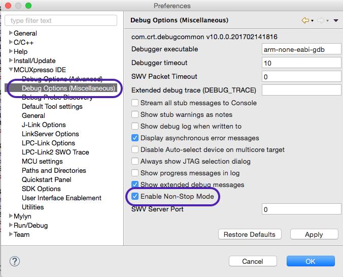 Figure 3.9. LinkServer Non Stop Preference For a given project, the Non-Stop mode option is stored within the project s launch configuration.