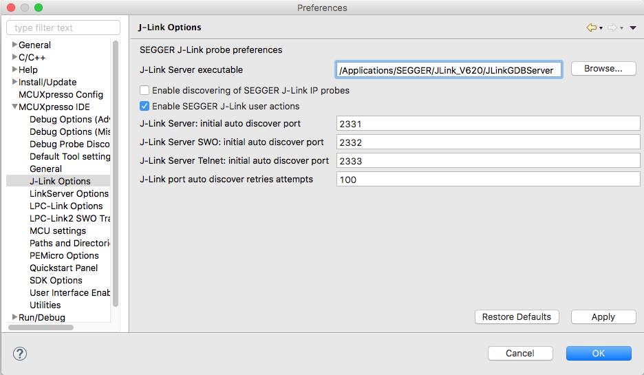 Figure 3.10. Segger Preferences Note: this preference also provides the option to enable scanning for SEGGER IP probes (when a probe discovery operation is performed).