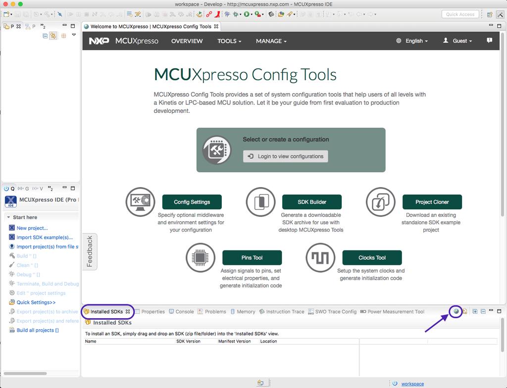 Figure 4.2. SDK Import SDKs are free to download (login is required); MCUXpresso IDE offers a link to the SDK portal from the Installed SDK Console view (as indicated above).