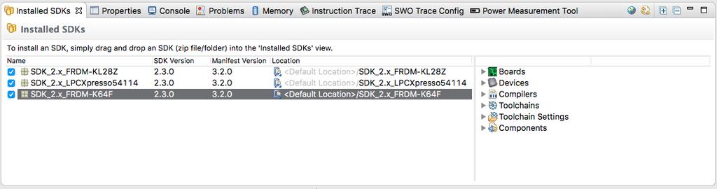 Figure 4.3. SDK Import View Notes: Released in parallel with MCUXpresso IDE version 10.1.0 are updated SDKs (MCUXpressoSDK v2.3.0). These are indicated by their version 2.3.0 and a manifest version 3.