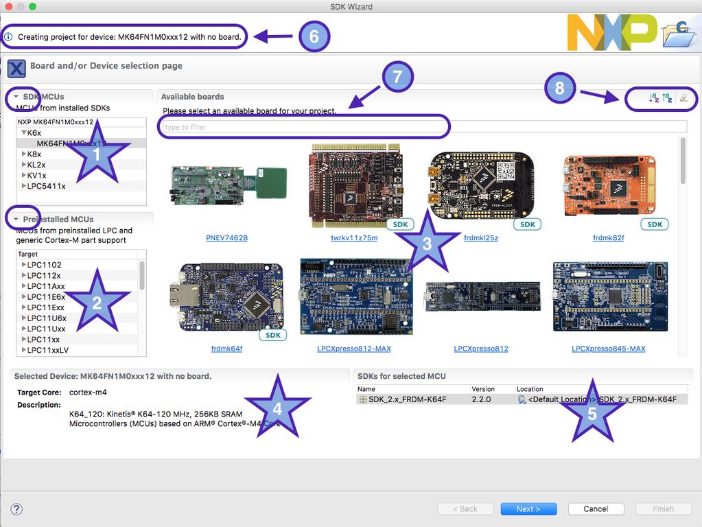 Figure 5.2. New Project Wizard first page 1. A display of all parts (MCUs) installed via SDKs. Click to select the MCU and filter the available matching boards.