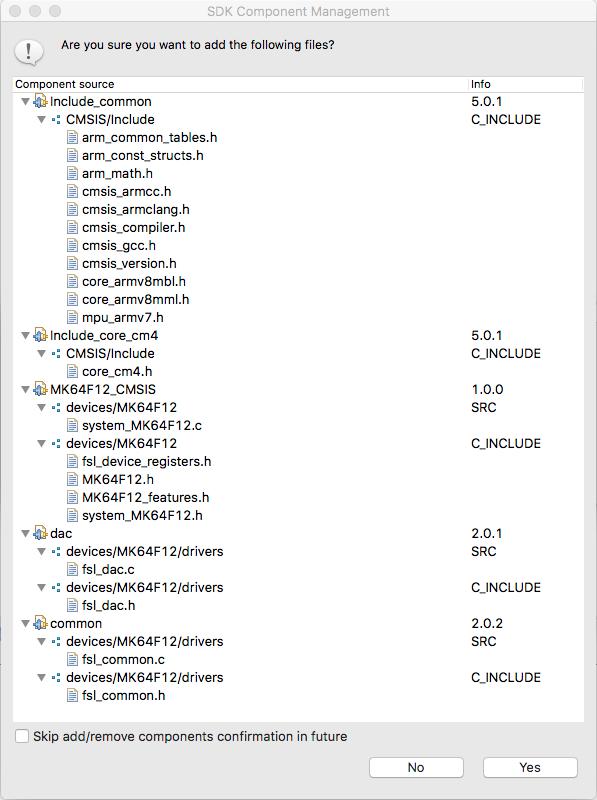 Figure 7.2. SDK Component Management Note: Many of these files may already be included within your project. Click Yes to add these source files to your project.