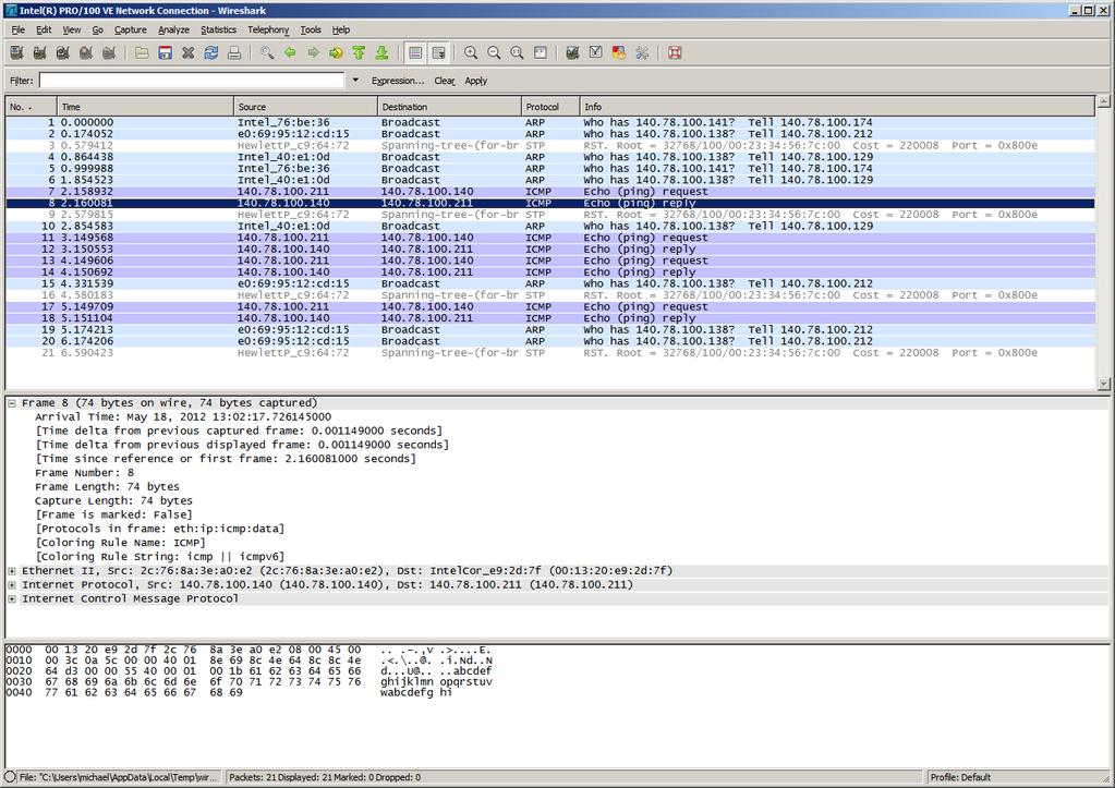 Sniffer example: Wireshark Sniffed, copied, and analyzed traffic