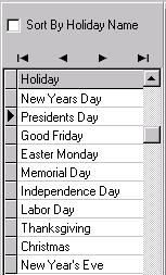Holidays Sorting your holidays If you desire to sort the holiday list by name, select Sort By Holiday Name. The ACDB displays the holiday record list in alphabetical order.