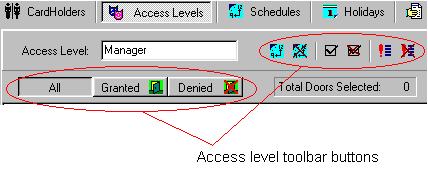Access levels Access level tab buttons Button Command Description Add access level schedule Delete access level schedule Set access level privilege Reset access level privilege Add access level