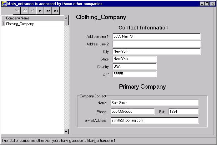 System and hardware configuration This dialog box lists the other companies with access to the door. It also displays the primary company contact information.