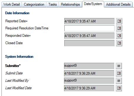 To take the Incident out of Pending status, select Investigation and Diagnosis > Resume. Date/System Tab The Date/System tab displays information about key dates related to the Incident.