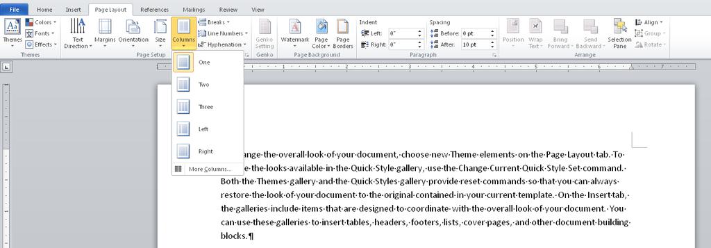 CREATE COLUMNS You can format your text into newspaper-style columns using the Columns button on the Page Layout tab, as shown below.