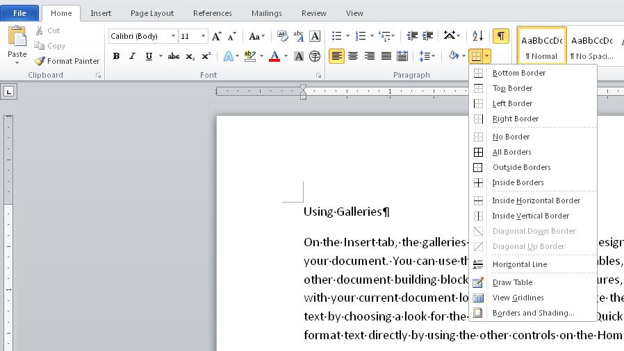 To add borders to a paragraph: 1. Click in the paragraph to which you wish to add borders. If you wish to add borders to multiple paragraphs, select those paragraphs. 2.