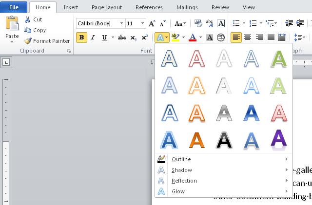 USE TEXT EFFECTS & HIGHLIGHTING To add text effects to your Word documents: 1. Select the text to which you wish to apply the effect. 2. On the Home tab of the Ribbon, click the Text Effect button. 3.