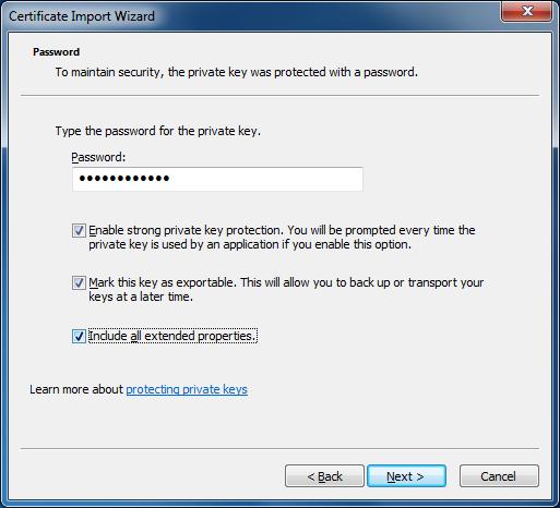 5. Enter the password for the private key and ensure