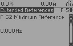 About Drive Programming 5. F-52 Minimum Reference. Set minimum internal drive reference to 0Hz.