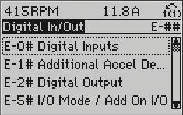 About Drive Programming 2. Scroll to parameter group E-## Digital In/Out and press [OK]. 3. Scroll to parameter group E-0# Digital Inputs and press [OK] 4. Scroll to E-01 Terminal 18 Digital Input.