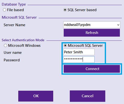 Select the Microsoft SQL Server authentication mode, enter the User name and password and click Connect. After successfully connecting, you can select your database in the dropdown list and click OK.