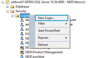 Example: nddwss01\epdm Browse to Security / Logins Here you can manage the login accounts