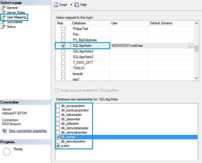 Enter your SQL server name and ndduser into Login Name as shown in the example.