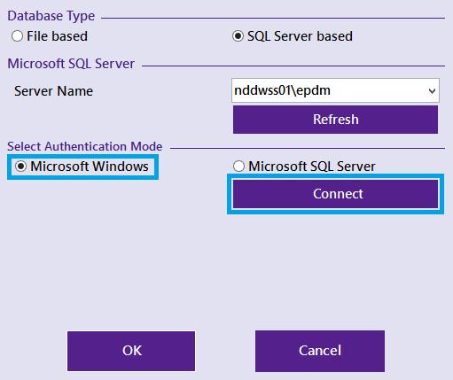 Select the Microsoft Windows authentication mode and click Connect.