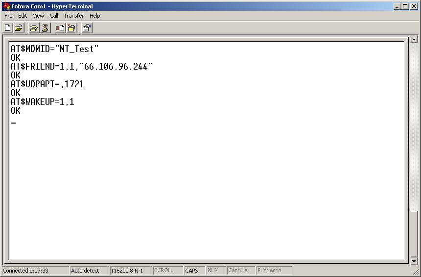 12. Configure the modem to talk with a specific server. Send the following command: AT$FRIEND=1,1, 66.106.96.244 13.