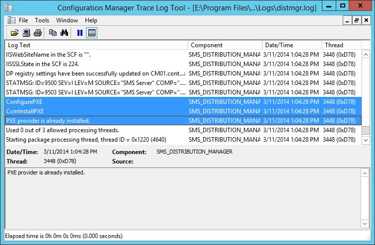 5. Using CMTrace, review the E:\Program Files\Microsoft Configuration Manager\Logs\distmgr.log file.