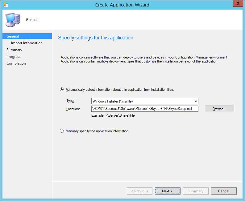 The Create Application Wizard. 6. Click Next, and wait a little while ConfigMgr parses the MSI file. 7.