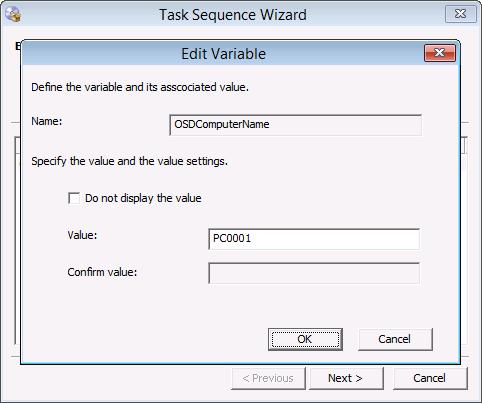4. On the Edit Task Sequence Variables page, double-click the OSDComputerName variable, and in the Value field,