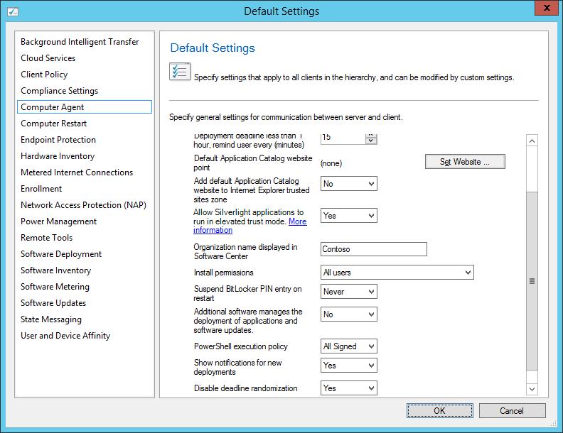 Configure the Client Settings In this task, you configure the default ConfigMgr client settings with the Contoso organization name. During OS Deployment, that name is displayed on the progress bar. 1.