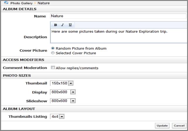 The resulting window includes various customization options as seen shown below: i. Name: Rename an album. ii. Description: Include a description of an album.