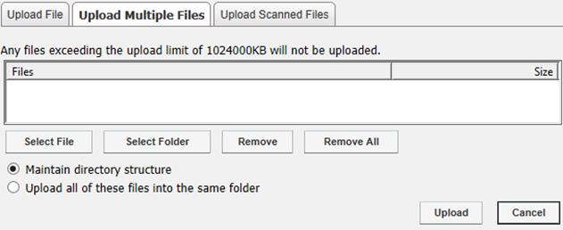 To select files one at a time from your computer, click Select File. Note: You may instead wish to upload an entire folder of files all at once. To do so, click Select Folder.